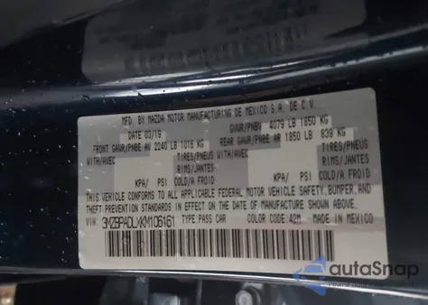 2019 Mazda Mazda3 Preferred Package from USA, damaged, VIN 3MZBPADLXKM106161